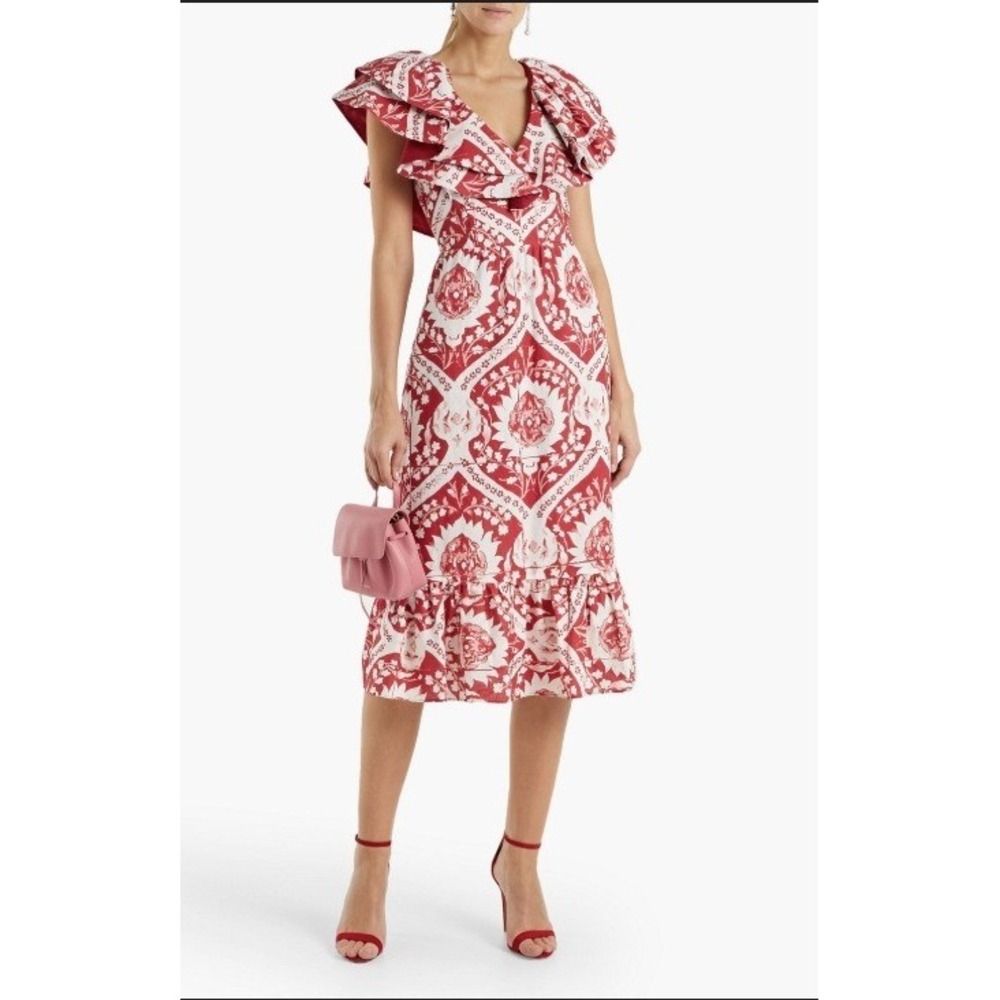 AMUR Zemirah Red Ochre Ruffle Sleeve Italian Motif Midi Dress Size 4